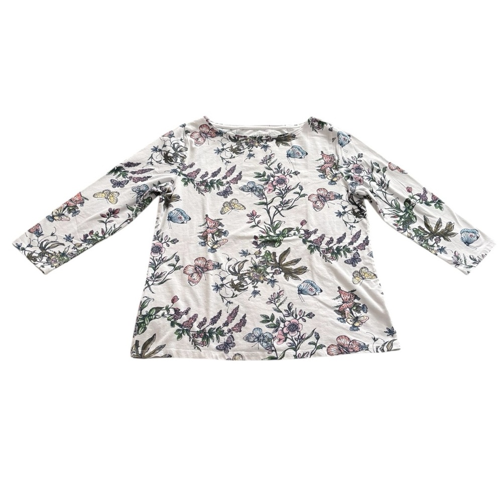 Talbots Cotton Butterfly Floral White Shirt Sz Large